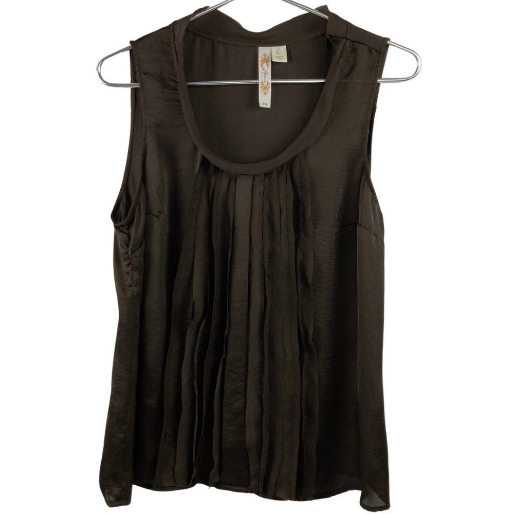 Adiva Chocolate Brown Pleated Raw Edged Silky Blouse Size L